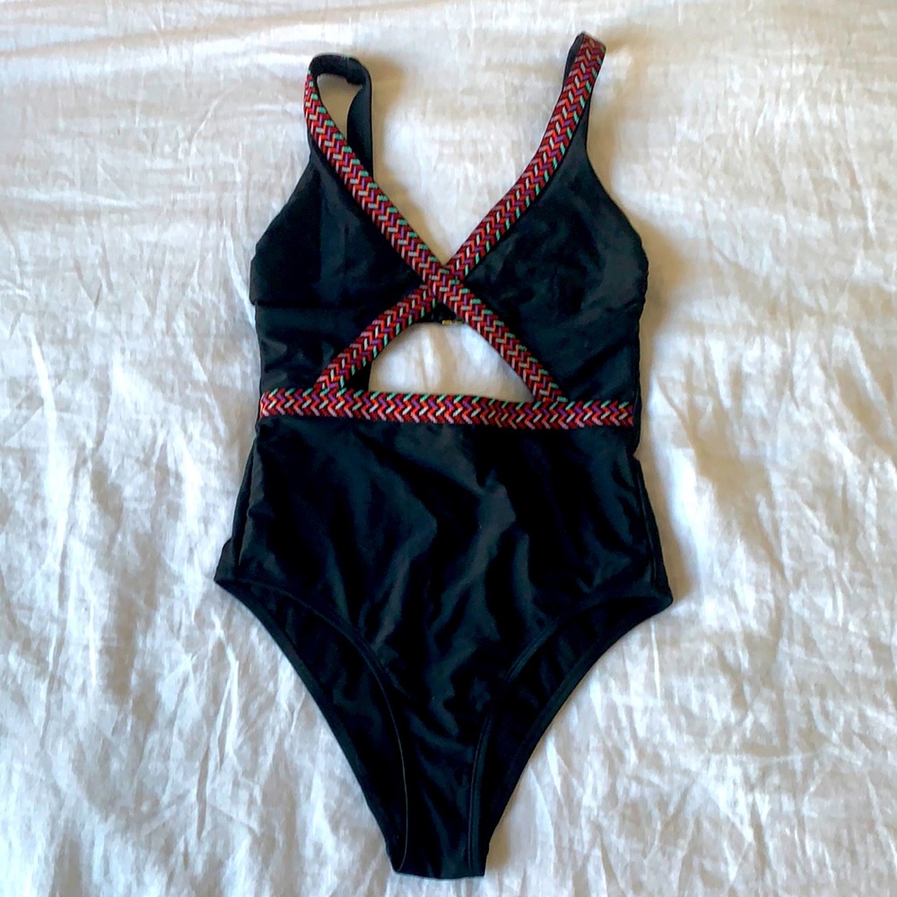 Black one piece swimsuit with cut-out